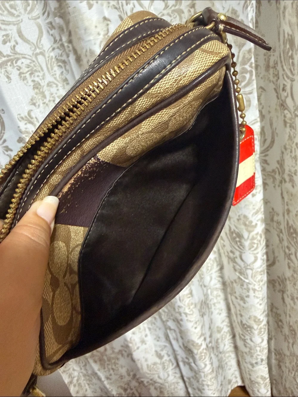 Coach Khaki/Chestnut Signature Canvas Messenger Bag with Red Logo